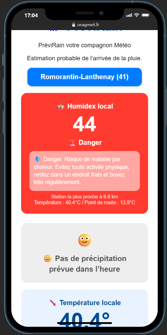Nex_Storm's tweet photo. 🌡️ Température : 32°C
🥵 Ressenti Humidex : 40°C
PréviRain affiche désormais l'Humidex calculé à partir de la station météo la plus proche, avec niveau de risque et conseils de prévention adaptés.

La température ne dit pas tout. Ajoutez  sur votre mobile https://t.co/2qvi8q1fsO https://t.co/YEo000OjxC