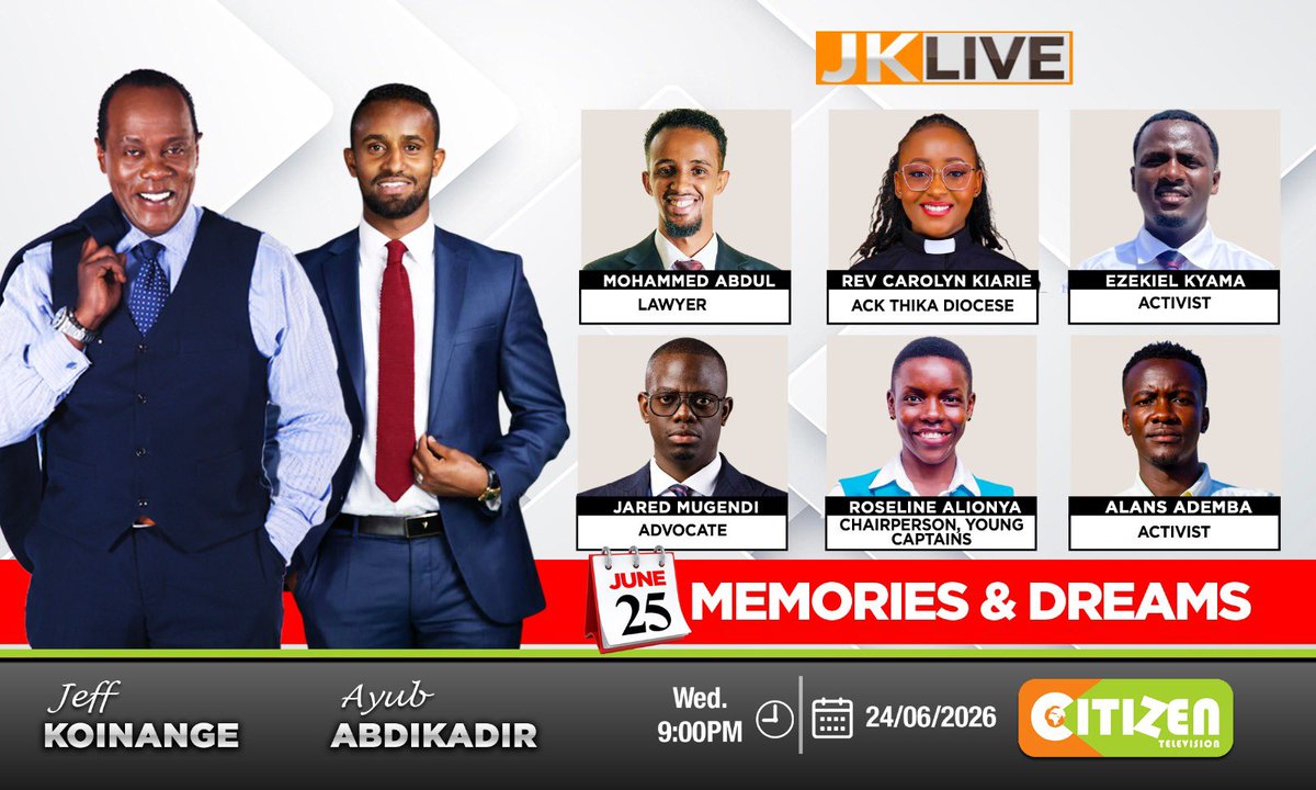 KoinangeJeff's tweet photo. If it's Wednesday you know it's #JKLIVE @citizentvkenya from 9pm TAAAAANITE!

It's all about the GEN Zs and the second anniversary of the June 25th protests. 

Join the conversation and Spread THE WORD.

@monicakiragu_ @gichdxp @jereplica https://t.co/Wm6crXZ5yh