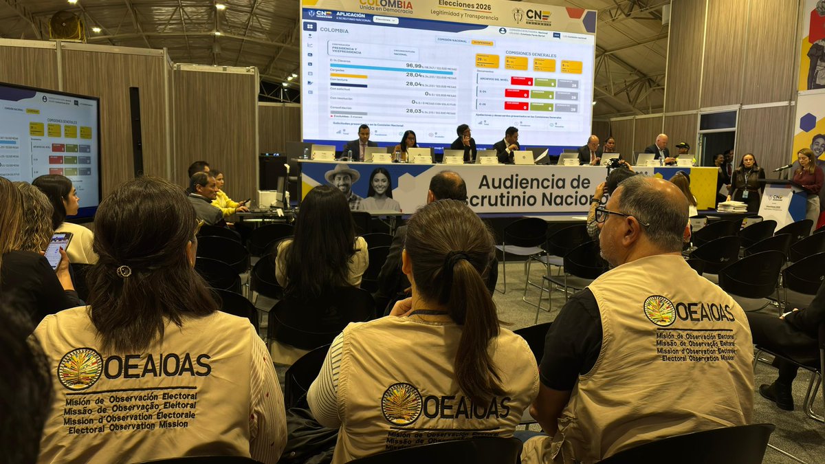 OEA_oficial's tweet photo. La Misión de la #OEAenColombia sigue presente en la Audiencia Nacional de Escrutinio de la segunda vuelta de las Elecciones Presidenciales 2026 en 🇨🇴.

Durante la jornada, la Misión observa la recepción y lectura de los resultados remitidos por las distintas comisiones escrutadoras generales. #Elecciones2026