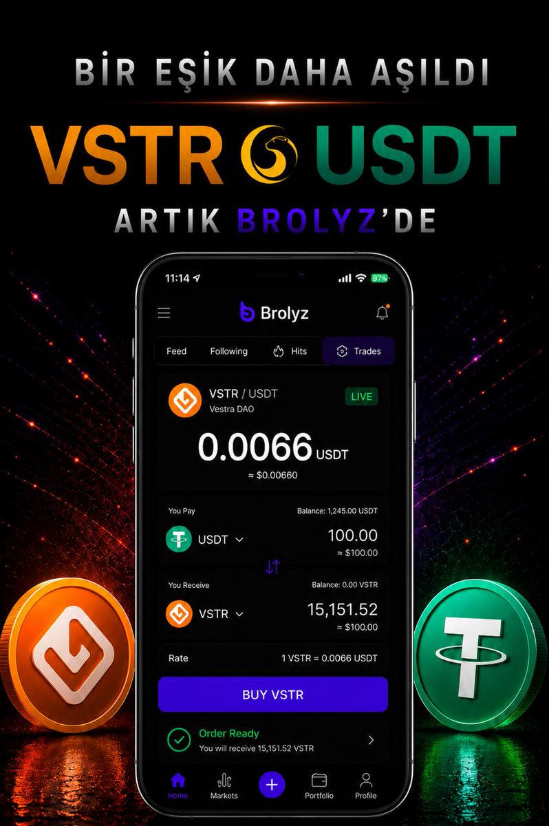 AriciSule01's tweet photo. Web3 karmaşasına son🚫
Cüzdan bağlama yok, gas ücreti yok, akıllı sözleşme onayı yok. Brolyz ile, sosyal medya kullanır gibi trade dönemi başladı.
VSTR/USDT paritesi 1M likidite ile Brolyz'de
#BrolyzTrade #VSTR #Crypto @BrolyzFi
#VSTRstartsNow #ListingONbrolyz https://t.co/udfhatnbvJ