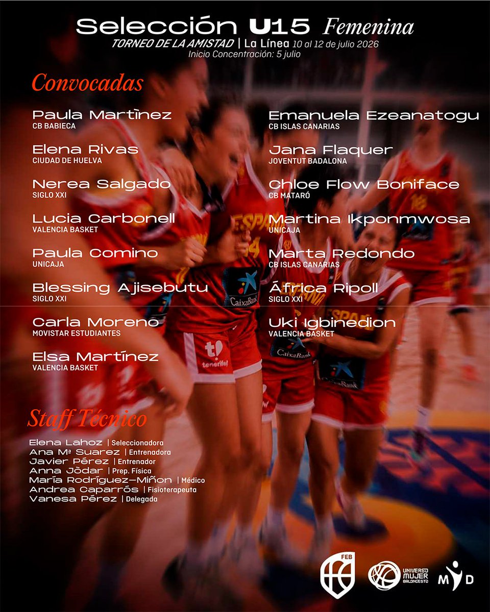 Cantera_Basket's tweet photo. #U15F ๐ Convocatoria U15 femenina para el Torneo de la Amistad 2026. ๐๐ช๐ธ
๐ 10-12 de julio
๐ La Lรญnea de la Concepciรณn (Cรกdiz) https://t.co/RalxY6zR99
