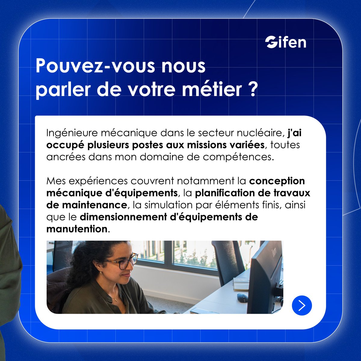 _GIFEN's tweet photo. Nouvel épisode de Femme du nucléaire ! Aujourd'hui, focus sur Fadoua El Moussaada, Ingénieure conception mécanique chez Hexana https://t.co/yzNRAUGdGJ