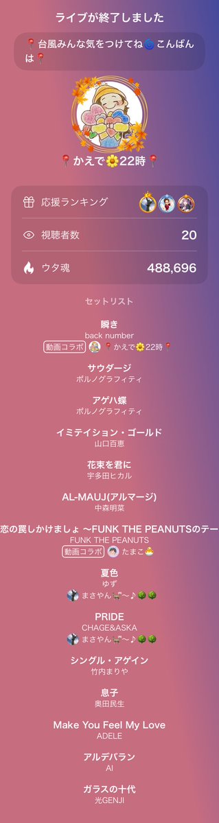 1177yu's tweet photo. 📍かえで🌼22時📍のライブ配信は最高の歌声でした！ありがとう！
#UTAO #カラスタ https://t.co/tEyTCl7EQY https://t.co/uJLglz2mrR