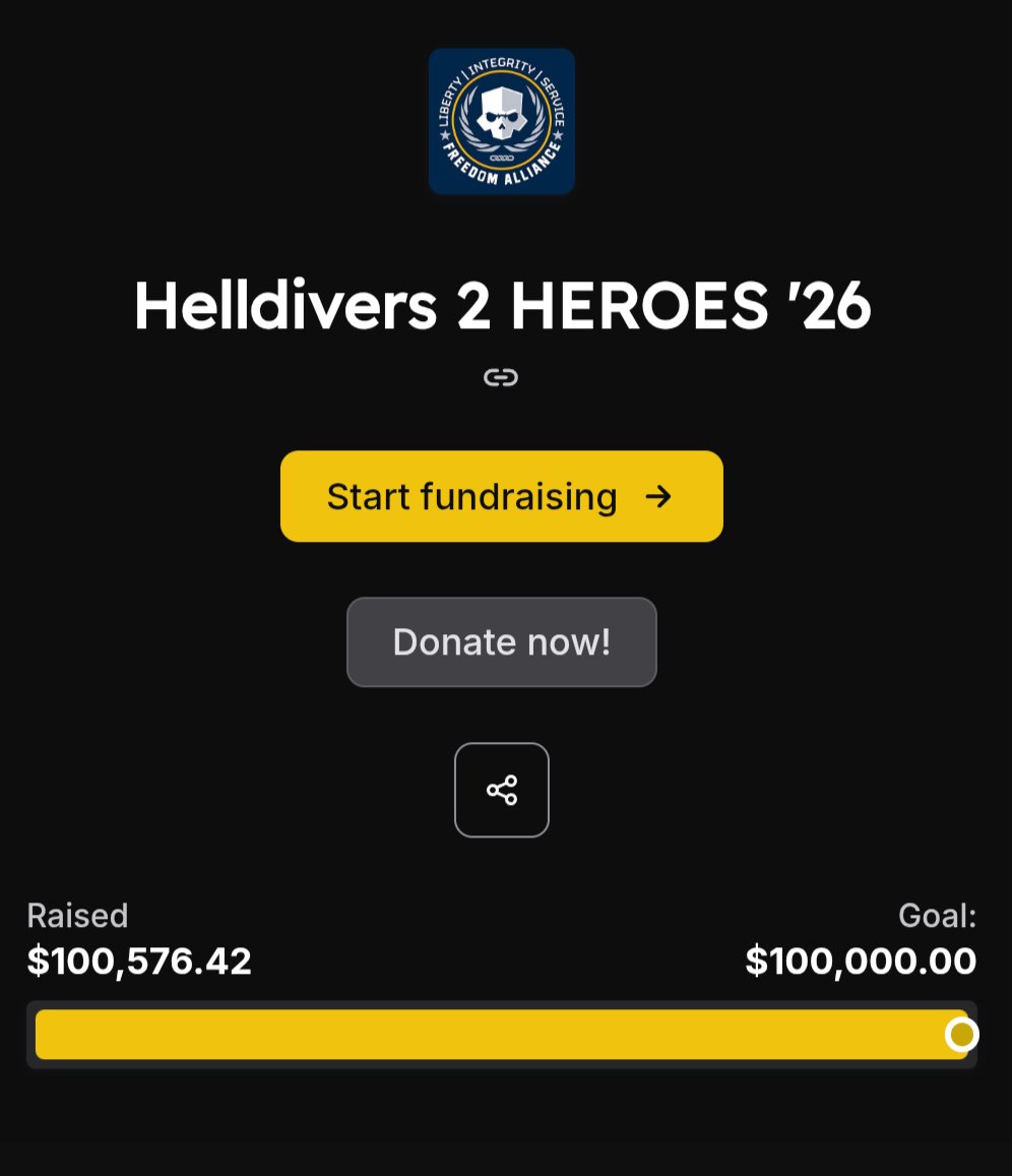 baskinator's tweet photo. 100k already!! 🤩🤩🤩

But you won't stop there, Helldivers. That's not who you are.

Donate, bid, join our streamers! Every bit makes a difference! Make this year the biggest yet! https://t.co/9rufmfiipL