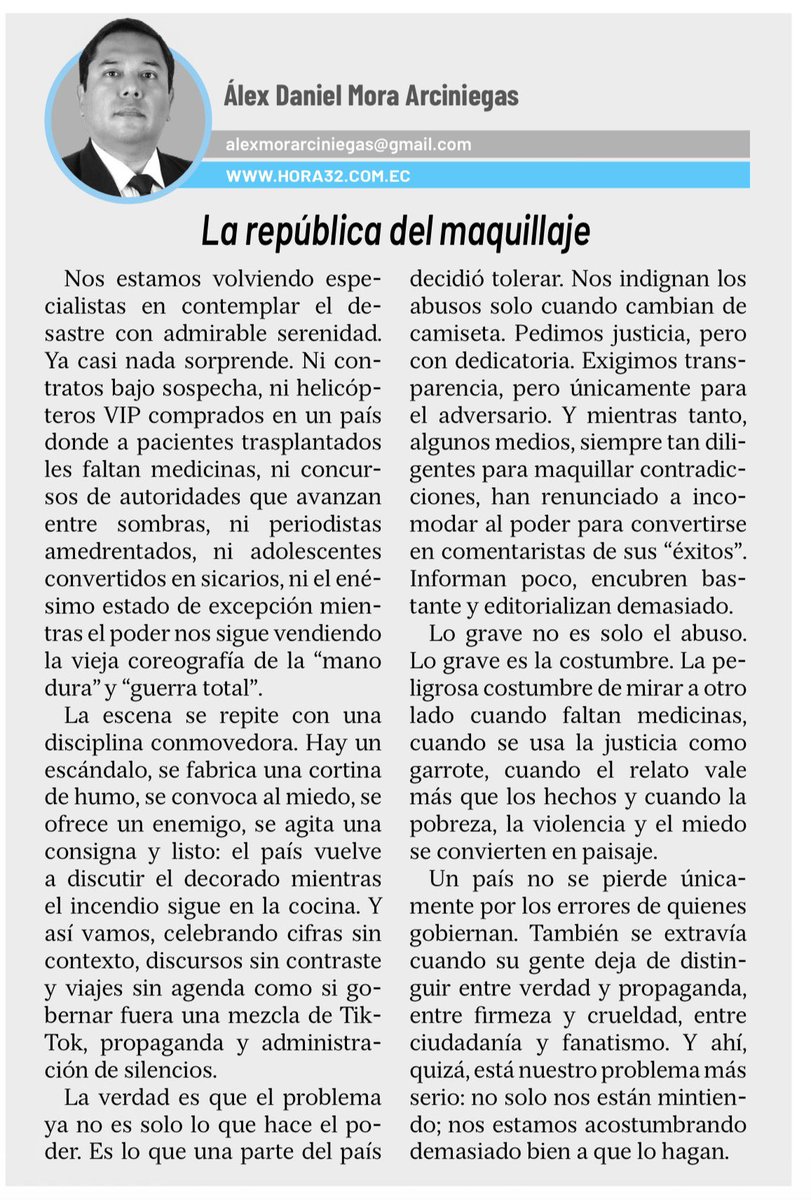 methosmora's tweet photo. Comparto mi editorial de hoy, miércoles 24 de junio, en Diario @HORA32LOJA de Loja: «La república del maquillaje». https://t.co/Mbqmm3xE2I
