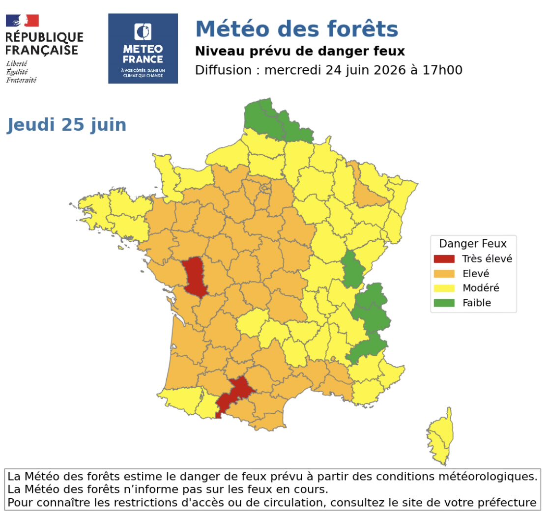 kevinfloury's tweet photo. Pour la première fois de l’année, 2 départements en rouge pour un danger très élevé de feux de forêts et de végétation. Deux-Sèvres et Haute-Garonne sont concernés ce jeudi. @BFMTV https://t.co/30T0JtyV8Q