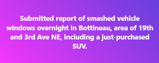 Submitted from NE Minneapolis: Smashed vehicle windows overnight in ...