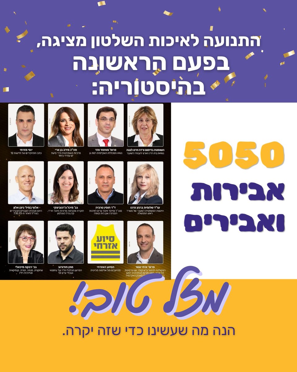 5050_IL's tweet photo. עשינו היסטוריה. שוב.
לאורך השנים, שמנו לב שרק 24% נשים קיבלו את פרס אבירות ואבירי איכות השלטון, למרות שיש נשים מצויינות שעושות לנו את השלטון איכותי יותר.
והנה, השנה - לראשונה - יש 50% אבירות איכות השלטון!
איך זה קרה? https://t.co/f5KaqxFzRK