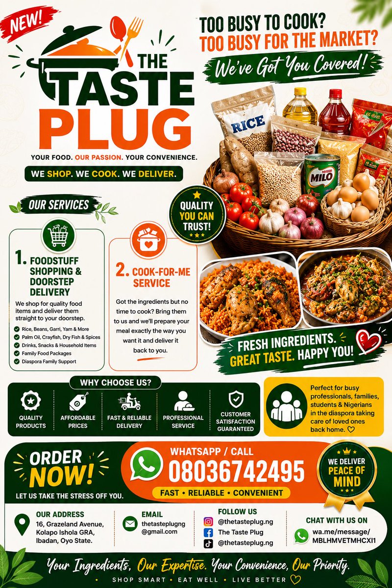 thetasteplugng's tweet photo. Too tired to cook?
Too busy for the kitchen?
🎵 Don’t worry, don’t stress,
The Taste Plug is simply the best! 🎵
🥬 Bring your ingredients,
👩🏽‍🍳 We’ll cook them with love,
🚚 And deliver them hot and fresh to your doorstep!
🎵 You buy it, we spice it,
You bring it, we cook it, https://t.co/szIZwN3dpE
