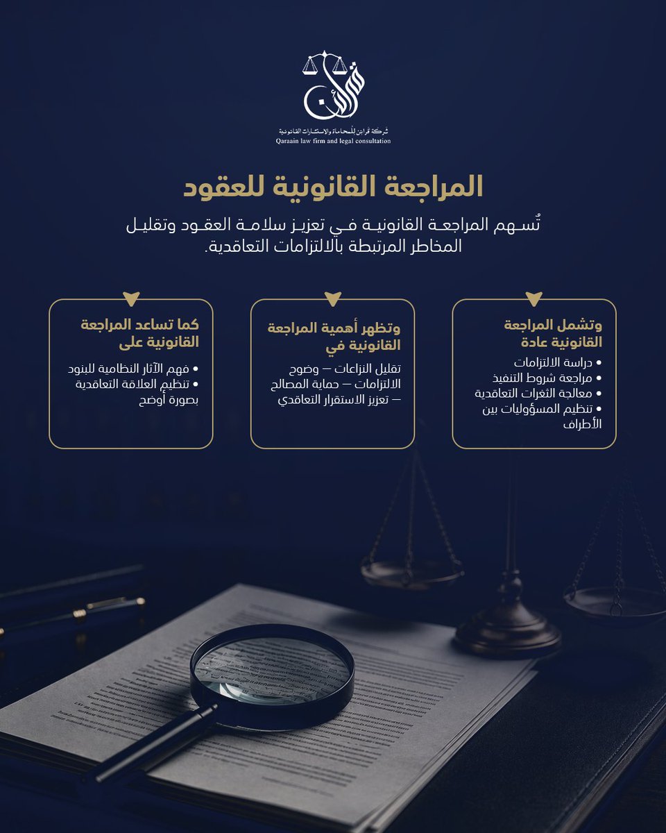 Qaraain's tweet photo. المراجعة القانونية المسبقة تمثل خطوة مهمة في تنظيم العلاقات التعاقدية ⚖️
#قرائن_للمحاماة #محاماة #عقود #قانون #السعودية https://t.co/EP27TJIWWl