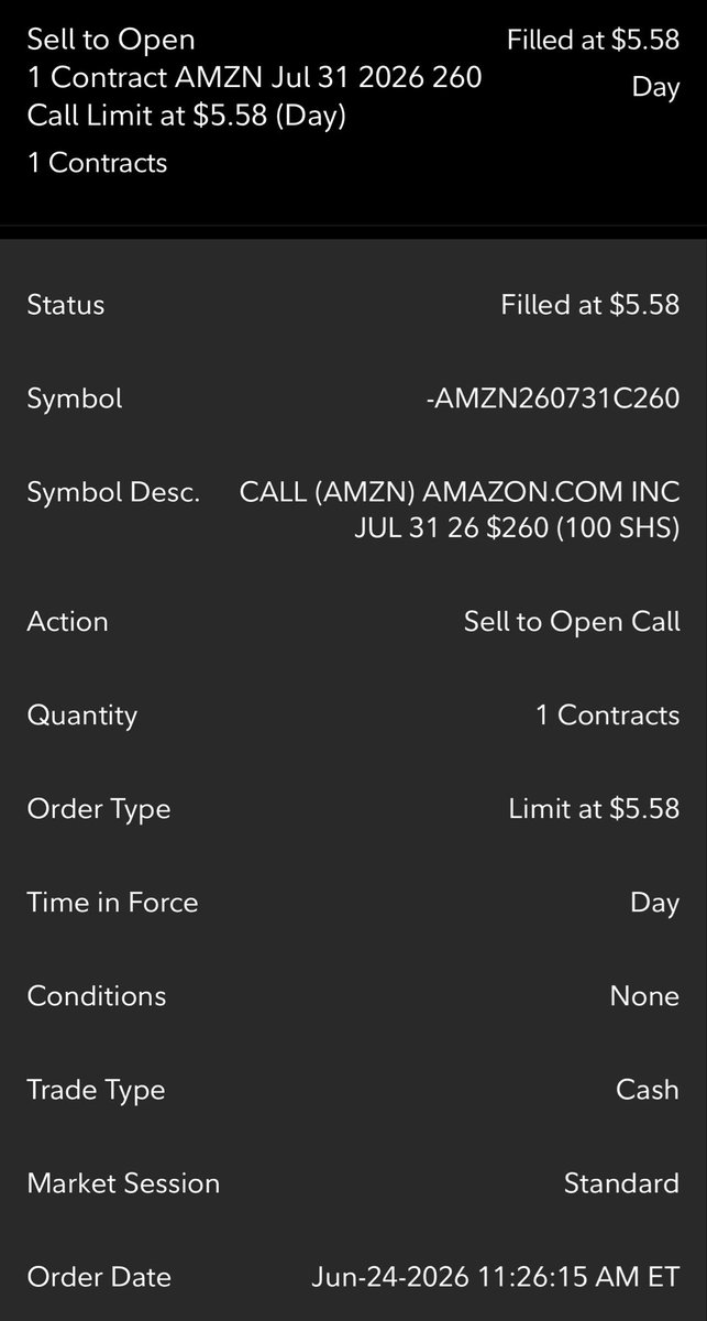 ThetaOverCoffee's tweet photo. Sold to Open $AMZN:

- 7/31 260C

- Premium: $558

Using premium to get 2 free amazon shares! https://t.co/XhpUeAM1cj