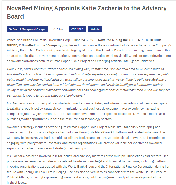 BrandaoJeisson's tweet photo. WHAT CAUGHT MY ATTENTION ABOUT $NRED THIS WEEK

It wasn't a drill result.

It was Katie Zacharia.

Why?

• White House experience
• International legal background
• Policy and regulatory expertise
• High-level communications experience

Why does that matter?

Because NovaRed Mining is advancing:

• A district-scale 39,726-acre project
• 3 drill-ready targets
• Nearly 18.3 miles of completed geophysics
• A geological database that expanded nearly 9x

The stronger the corporate platform becomes, the more interesting the overall $NRED story becomes.

My target remains around C$7.

Opinions expressed are those of the author and do not necessarily reflect official policies or positions.

$MXL $YSS $WT $ETSY