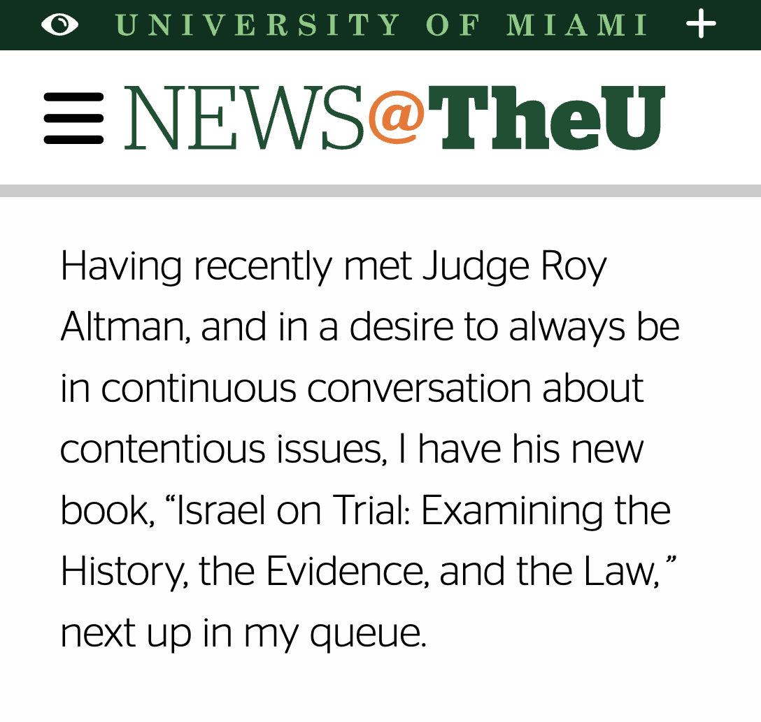 RoyKAltman's tweet photo. Dr. Laura Kohn-Wood, Professor and Dean of the School of Education and Human Development at the University of Miami, on what she is reading this summer: 

“Having recently met Judge Roy Altman, and in a desire to always be in continuous conversation about contentious issues, I have his new book, ‘Israel on Trial: Examining the History, the Evidence, and the Law,’ next up in my queue.”

You can order your copy today: https://t.co/1kFOnwFHbV