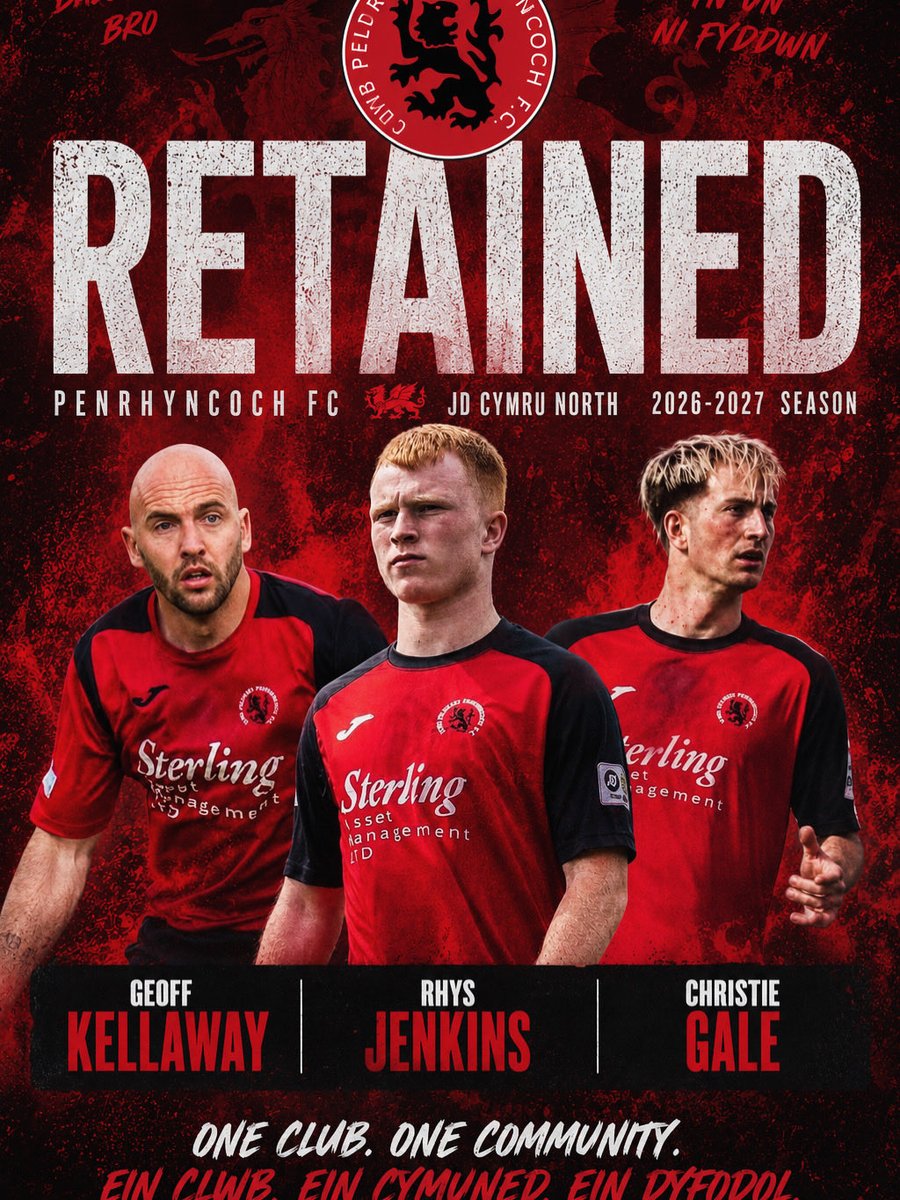 PenrhyncochFC's tweet photo. 🔴⚫ Retained for 2026/27 🔴⚫
We're delighted to confirm that Geoff Kellaway, Rhys Jenkins and Christie Gale will remain with Penrhyncoch FC for the upcoming JD Cymru North season.
Mae eu hymroddiad a'u hangerdd dros y crys yn bwysig iawn wrth inni adeiladu. 
#roosters https://t.co/Bfr76EBLEw