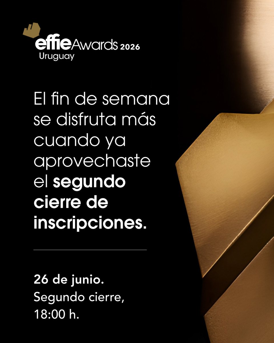 AudapUy's tweet photo. Este viernes cierra el segundo período de inscripciones para Effie Awards Uruguay 2026. Si estás preparando tu caso, todavía estás a tiempo de aprovecharlo.
Segundo cierre: Viernes 26 de junio · 18:00 h https://t.co/LTATF1uIRs