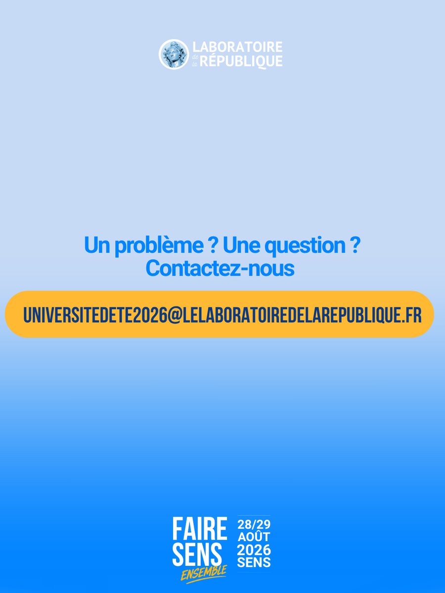 LabRepublique's tweet photo. 📣 Université d'été 2026 du Laboratoire de la République
🗓️ Du 27 au 29 août à Sens

Comment se rendre à Sens ?

Que vous soyez déjà inscrit ou que vous envisagiez de nous rejoindre, plusieurs solutions s'offrent à vous :
🚆 En train : environ 1h depuis la gare de Paris-Bercy. Des navettes seront mises à disposition entre la gare de Sens et les différents sites de l'événement.
🚗 En voiture : environ 1h45 depuis Paris. Pensez au covoiturage pour partager votre trajet.

L'Université d'été 2026 réunira responsables publics, élus, experts, étudiants, acteurs associatifs et citoyens autour de grands débats et échanges sur l'avenir de notre démocratie et de notre société.

👉 Les inscriptions sont ouvertes : https://t.co/7cB0n9rcWB

📩 Une question sur votre venue ou votre hébergement ?
 universitedete2026@lelaboratoiredelarepublique.fr

Nous avons hâte de vous retrouver à Sens !
#LabDeLaRepublique #FaireSensEnsemble #Sens2026
@jmblanquer @VilleSens