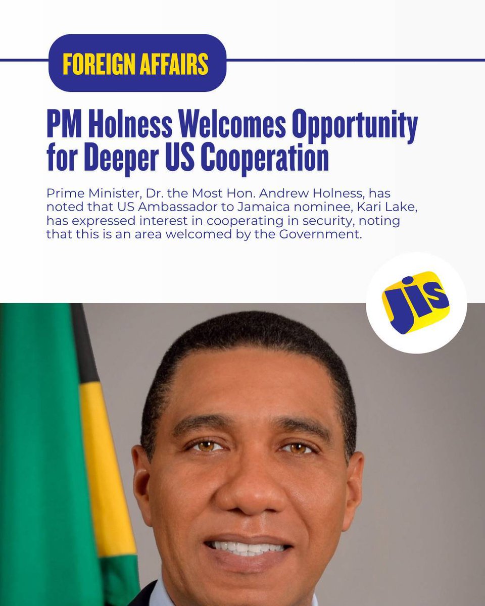 JISNews's tweet photo. Prime Minister, Dr. the Most. Hon. Andrew Holness (@AndrewHolnessJM), has welcomed the opportunity for deeper cooperation and heightened investment from the United States (US).

He was responding to questions during an interview on Nationwide News on Monday (June 22), regarding priorities outlined by US Ambassador to Jamaica nominee, Kari Lake (@KariLake).

#JISNews
#StayInformed
#Jamaica