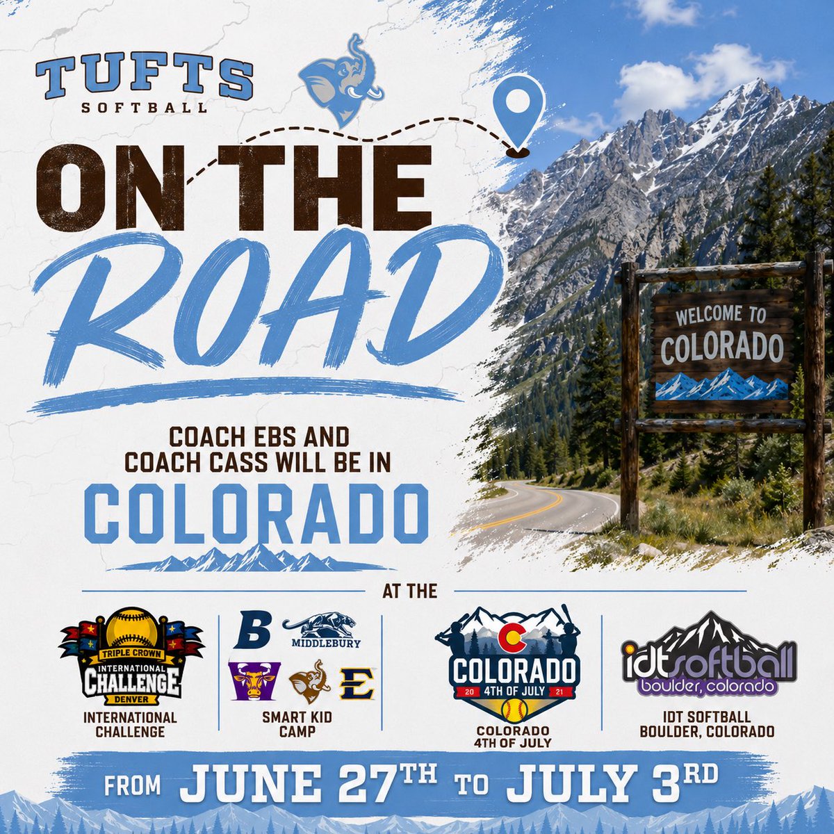 TuftsSoftball's tweet photo. Yep, we are heading out west! Coach Cass and Coach Ebs will be in Colorado next week. Still a few spots left in camp on Tuesday night! 

Send your schedules to softball@tufts.edu and more info and registration for camp with link in bio! 

#jumbopride #futurejumbos https://t.co/1GsGnZpIky