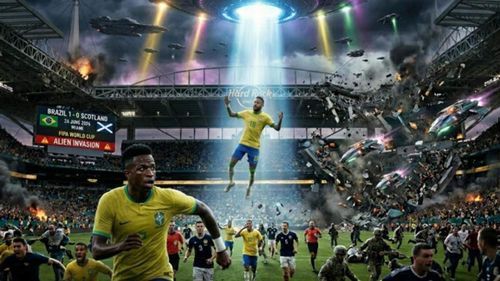 Massi58618192's tweet photo. Brazilian psychic Vó Bahiana predicted that during the Brazil-Scotland match at Miami's Hard Rock Stadium, there would be an alien invasion and the kidnapping of players like Neymar and Vinícius Júnior, as well as thousands of fans.
⬇️

#AlienWorldCup #WorldCup2026  #FirstContact https://t.co/rZTsL0tyFK