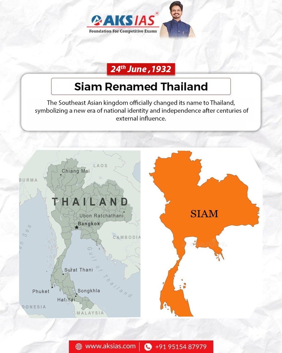 aks_ias's tweet photo. June 24

1987 – Lionel Messi was born.
1948 – The Berlin Blockade began.
1932 – Siam was renamed Thailand.

A day of legends, geopolitics, and national transformation.

#June24 #HistoryToday #UPSC #APPSC #AKSIAS https://t.co/s7vLoJM6no