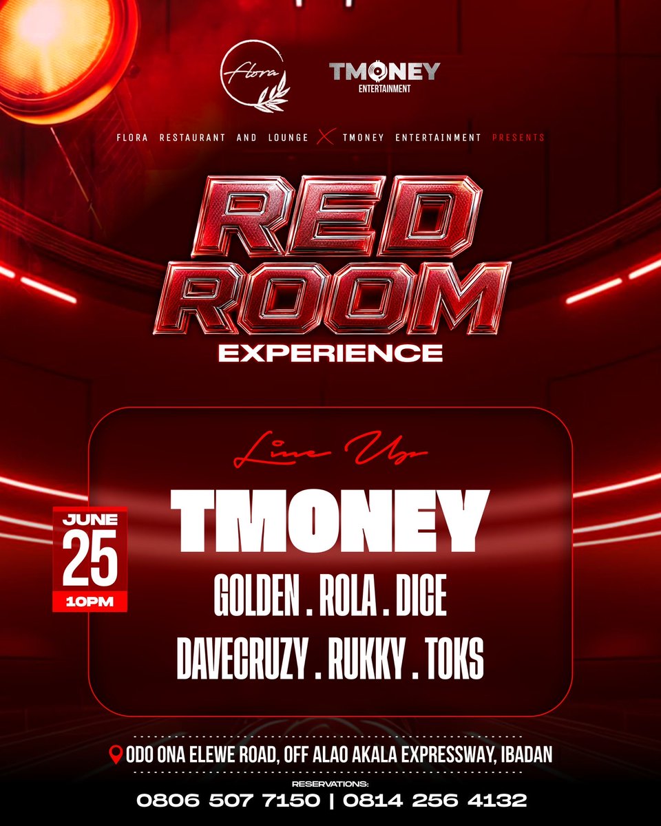Flora_Ibadan's tweet photo. 💋 RED ROOM 💋 

Tomorrow night @flora_ibadan 

A night that you cannot miss out on! Party like you’ve never partied before 🎉

See you there @ 10pm

#ibadannightlife #party #redroom #flora https://t.co/eEBvreENon