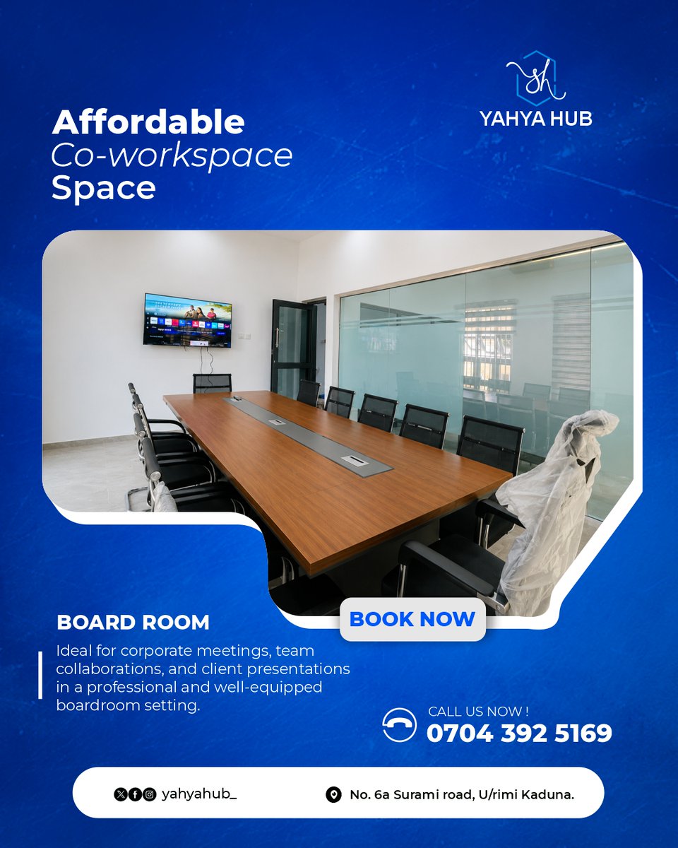 YahyaHub's tweet photo. Your next big decision deserves the right room.

Host meetings, client presentations, strategy sessions, and team collaborations in Yahya Hub's professional Board Room.

📍 No. 6A Surami Road, Ungwan Rimi, Kaduna
📞 0704 392 5169

Book now and make every meeting count.

#YahyaHub https://t.co/XqgZHQr6UK