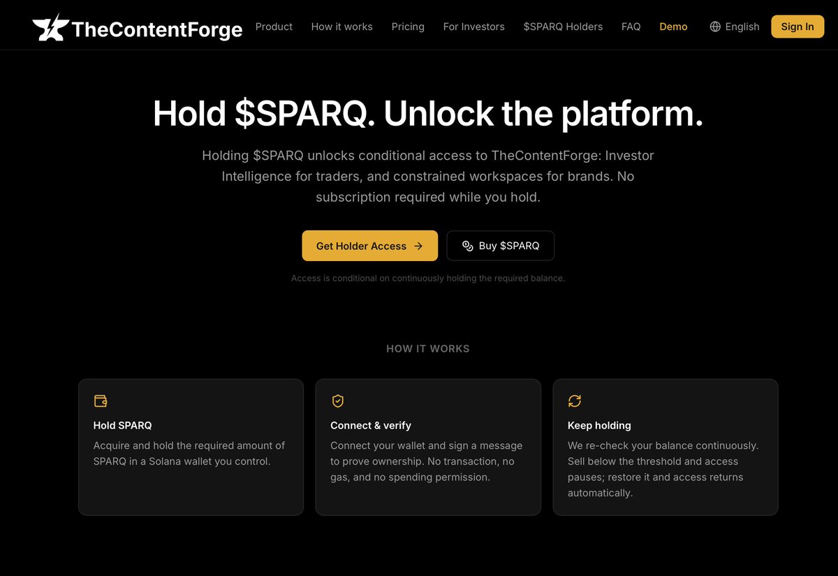 TheContentForge's tweet photo. ⚡️⚒️ TOKEN UTILITY IS HERE! ⚒️⚡️

Holding $SPARQ will unlock a new, no-subscription way to access TheContentForge.

Instead of paying monthly, holders can keep a required amount of SPARQ in a Solana wallet they control, verify ownership once, & unlock platform access based on what they hold.

No card.
No monthly charge.
No transaction required to verify.
Just connect, sign, and keep holding.

🔓Holder Access: https://t.co/74IHpN5si5