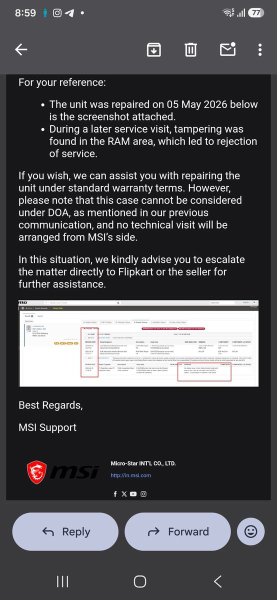 Keshav_646's tweet photo. @Flipkart @FlipkartSupport Purchased MSI Sword 16 HX (Order ID: OD437811945090401100). Laptop had display issues from first boot. MSI informed me that the unit was previously repaired, warranty was activated before my purchase, DOA request rejected &amp; no technical visit #Flipkart https://t.co/0mlKKgWXr7