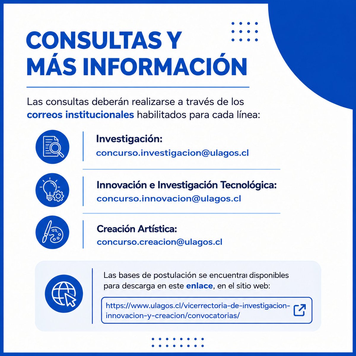 cienciaulagos's tweet photo. Convocatoria Concurso Interno Regular VIIC 2026 abierta en ULagos. Impulsa investigación, innovación y creación artística con impacto territorial. 
Cierre: 15 julio 2026, 17:00 hrs. 
👉https://t.co/2bjjr32dCJ
#ULagos #CienciaULagos #PostgradoULagos #Universidaddeloslagos https://t.co/DkfjcRQPt3