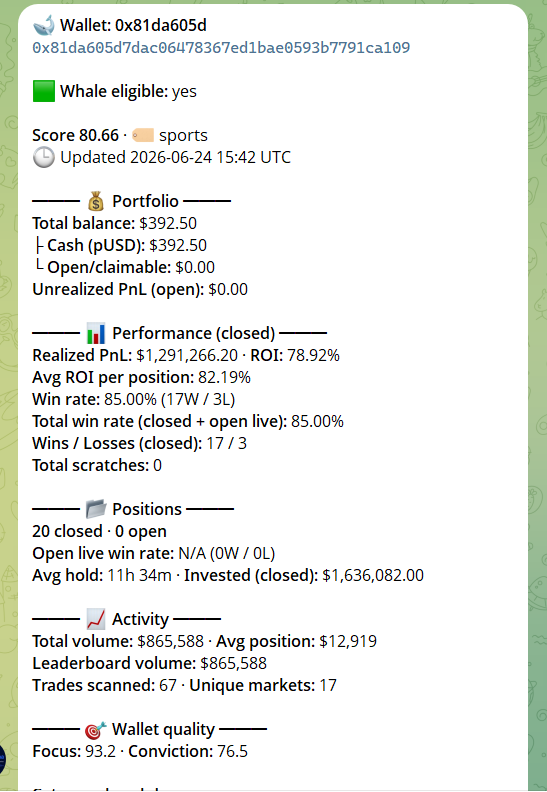PolyAlpha_bot's tweet photo. 📊 We rebuilt whale wallet stats in PolyAlpha — same data, way easier to read.

Everything’s grouped into clear sections:
💰 Portfolio
📊 Performance (closed)
📂 Positions
📈 Activity
🎯 Wallet quality

No more scrolling through a wall of numbers. Open a whale, scan the profile in seconds, decide faster.

Try it in the bot → any 🐋 signal → Wallet stats
Or 🔍 Scan any wallet from the menu

Screenshot👇