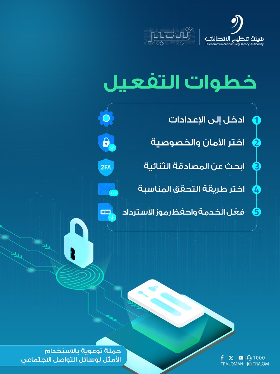 TRA_OMAN's tweet photo. فعّل المصادقة الثنائية.. وأمّن حساباتك الرقمية
خطوة سهلة.. تحمي بياناتك وحساباتك

#بيئة_معززة_لمجتمع_رقمي 
#تبصير https://t.co/QrTXJjEnNf