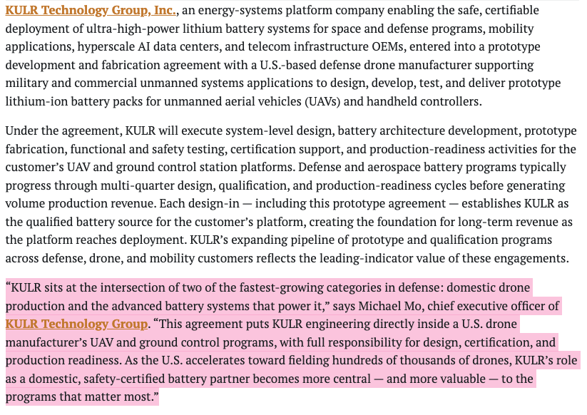 og_tigress's tweet photo. $KULR nice article from the other day about securing prototype battery development contract with U.S.-based military drone manufacturer. They are working with a domestic mfg who is also part of the Drone Dominance Initiative.

"Under the agreement, KULR will execute system-level design, battery architecture development, prototype fabrication, functional and safety testing, certification support, and production-readiness activities for the customer’s UAV and ground control station platforms."

https://t.co/6T7PWYr5dc