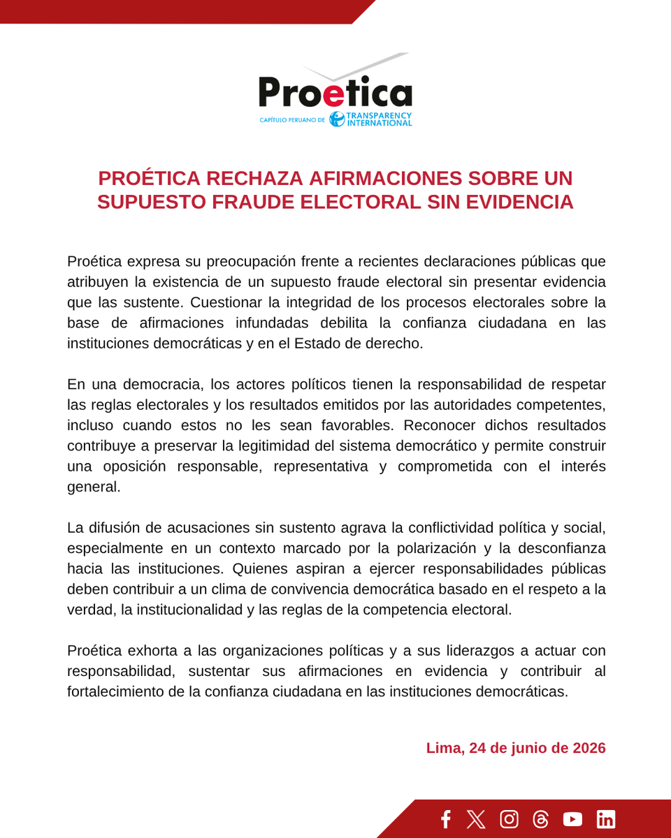 ProeticaPeru's tweet photo. #Pronunciamiento | Rechazamos las afirmaciones sobre un supuesto fraude electoral sin evidencia que las sustente, ya que afecta la confianza ciudadana en las instituciones democráticas y en el Estado de derecho. 👉https://t.co/qltYDfF3YE https://t.co/QpnDA08ZWd