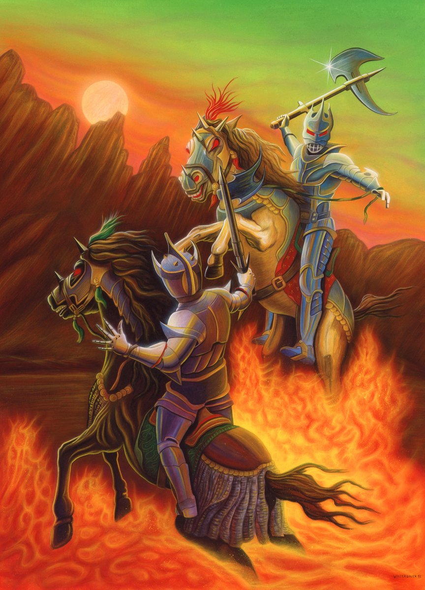 MikeWinterbauer's tweet photo. My cool painting of Knights in a fiery duel 1993!
#illustration #movieart #boxart #popculture https://t.co/fDPVwqh9oo