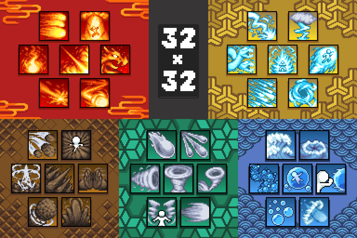 PonkPixels's tweet photo. Elemental skillcards in 32px
#pixelart https://t.co/KUlHzhMvEu