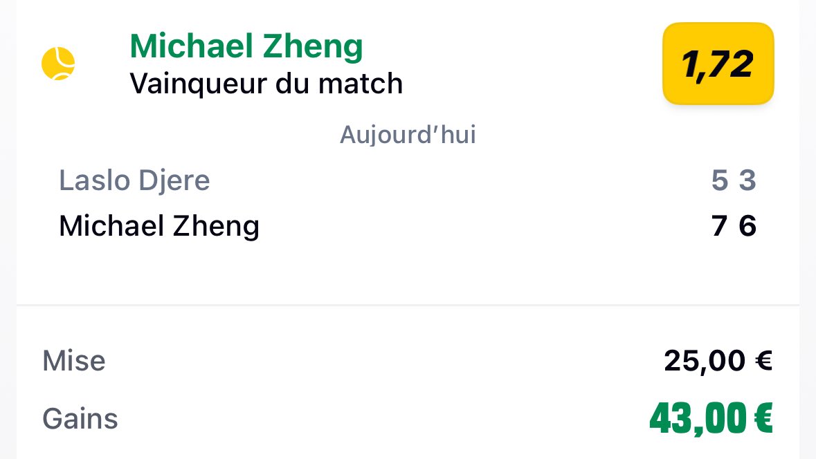 SikaPronos's tweet photo. Bet tennis du jour !

🎾 Zheng @ 1,72 (1%) ✅

On repart sur une série ! Merci l’analyse de @MatchUP_Tennis 🙏

80 ❤️ pour le prochain bet https://t.co/8Uz17GkDSx