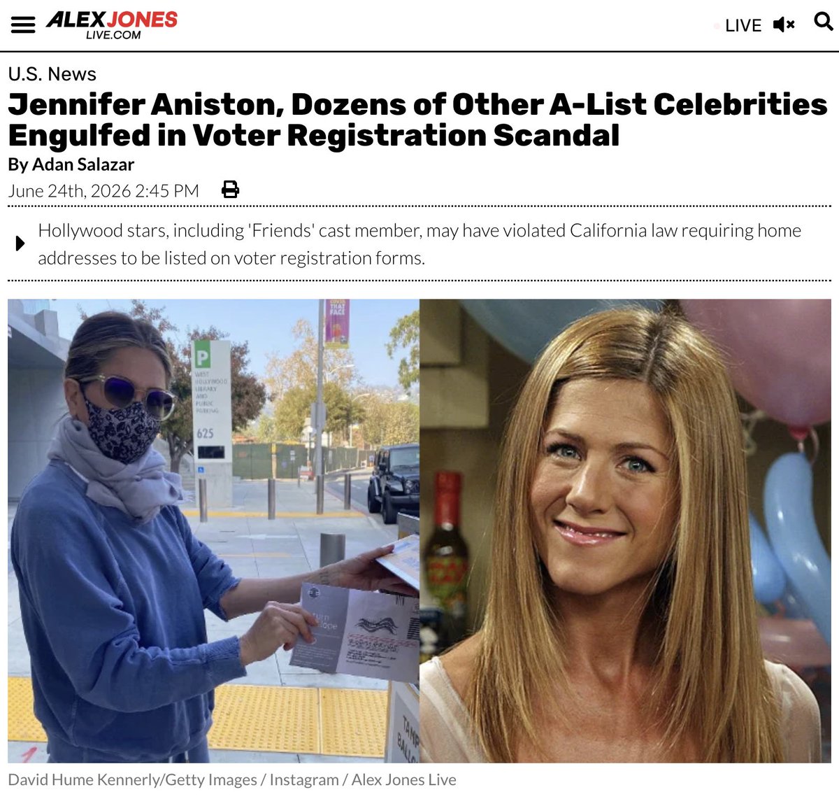 RealAlexJones's tweet photo. Jennifer Aniston, Dozens of Other A-List Celebrities Engulfed in Voter Registration Scandal  

ғᴜʟʟ sᴛᴏʀʏ ʙᴇʟᴏᴡ https://t.co/DIMbx9nKXE