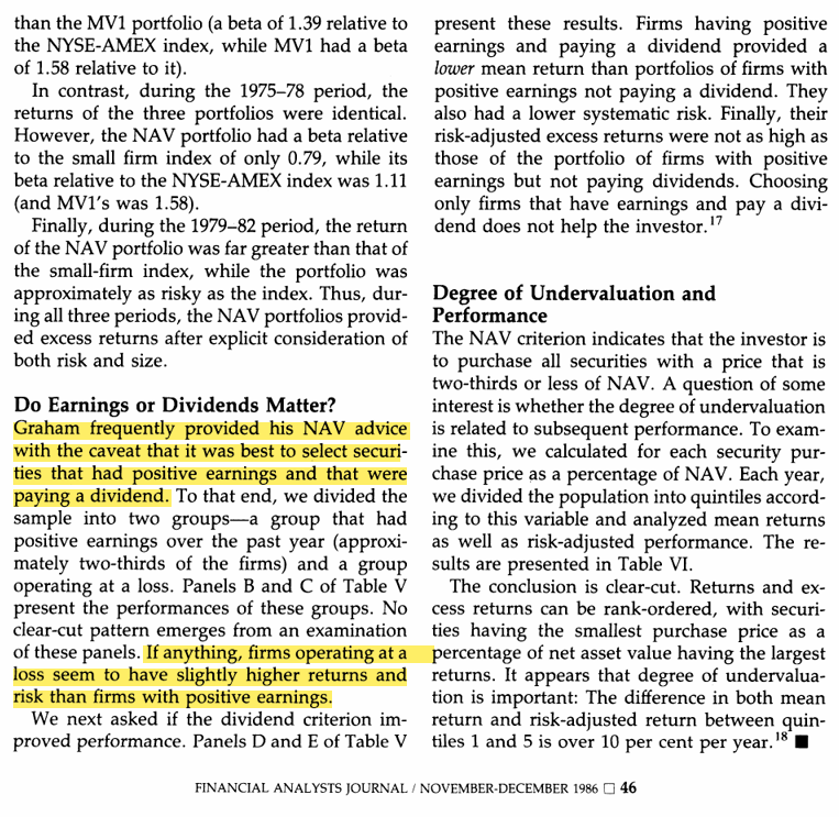 NoelWieder's tweet photo. While going through the literature on net-nets, there was one insight that stood out to me the most.

Money-losing net-nets outperform net-nets that are earning a profit.

Oppenheimer was the first to discover this in his pioneering 1986 net-net study. And many others have confirmed it since.

It may seem counterintuitive.

You might think that when buying a depressed stock below liquidation value, it would help if the business were at least earning a profit.

But the opposite is actually the case.

And the reason probably comes down to behavioral psychology.

Net-nets are already sold down to unreasonably low prices. No business should be selling for less than its liquidation value. There is no argument to be made that it makes sense for an operationally functional business to be worth more dead than alive.

But net-nets that are also losing money are likely pushed even further into irrational territory by the additional negative sentiment, beyond where their profitable counterparts end up.

The higher returns from money-losing net-nets are therefore not the result of any special business improvement, but rather a correction of an irrationally large sell-off, one that goes deeper than what profitable net-nets experience.

The only empirical exception to this finding comes from a 1981 study by Joel Greenblatt. Yes, THAT Joel Greenblatt.

He found that net-nets which are also profitable and trade below a P/E of 5 actually outperform money-losing net-nets.

An interesting finding, and one that goes against Graham's own recommendation to buy businesses that are earning a profit.

How many investors actually have the stomach to hold money-losing net-nets, though, is a different question entirely.