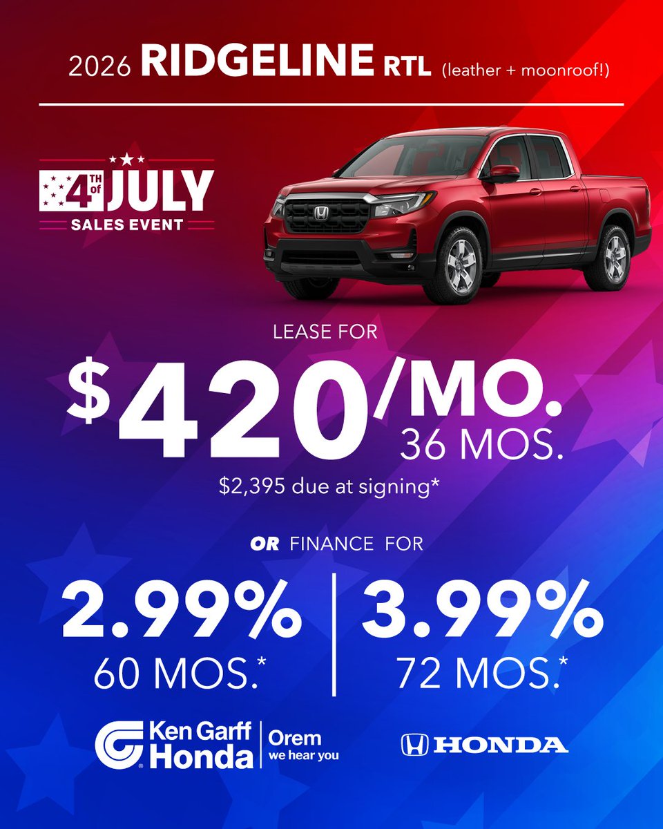 hondaorem's tweet photo. Lease the 2026 Ridgeline RTL for just $420/month for 36 months with $2,395 down. Or finance at 2.99% for 60 months or 3.99% for 72 months!

Shop now: https://t.co/Y0lHjC4ir8

*See dealer for details. Offer Expires 07/06/2026. https://t.co/3j1QUSygaZ