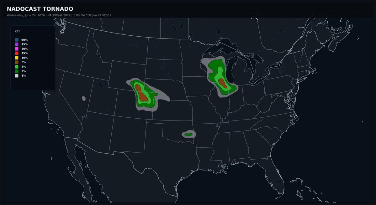 tora_wx's tweet photo. NADOCast Tornado Guidance
Generated: 3:50 PM CDT Jun 24
Run: 1:00 PM CDT Jun 24
Valid: 3:00 PM CDT Jun 24 - 6:00 AM CDT Jun 25

#wx #weather #tornado https://t.co/ZsfkrrjITZ