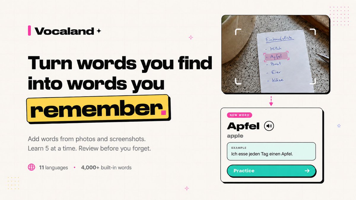 D1mKat's tweet photo. I made an app for people who write new words in a notebook and never look at them again.

I did the same for years and every flashcard app still made me add and organize everything by hand.

So I built Vocaland: take a photo, choose the words, and it turns them into lessons and schedules the reviews for you.

launching on iOS ---> https://t.co/TA2ccP09vy