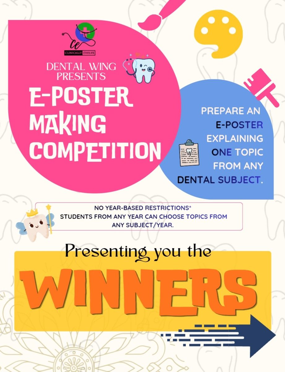 cevolveofficial's tweet photo. 📢 𝐂𝐋𝐈𝐍𝐈𝐂𝐀𝐋𝐋𝐘 𝐄𝐕𝐎𝐋𝐕𝐄
presents
🎨🦷 𝐂𝐎𝐍𝐂𝐄𝐏𝐓 𝐂𝐀𝐍𝐕𝐀𝐒: E-Poster Making Competition WINNERS 🏆 🦷🎨

🏆 Creativity met knowledge, and the best ideas stood out! We are delighted to present the winners of the Concept Canvas: E-Poster Making Competition. https://t.co/12w4Fm52g5