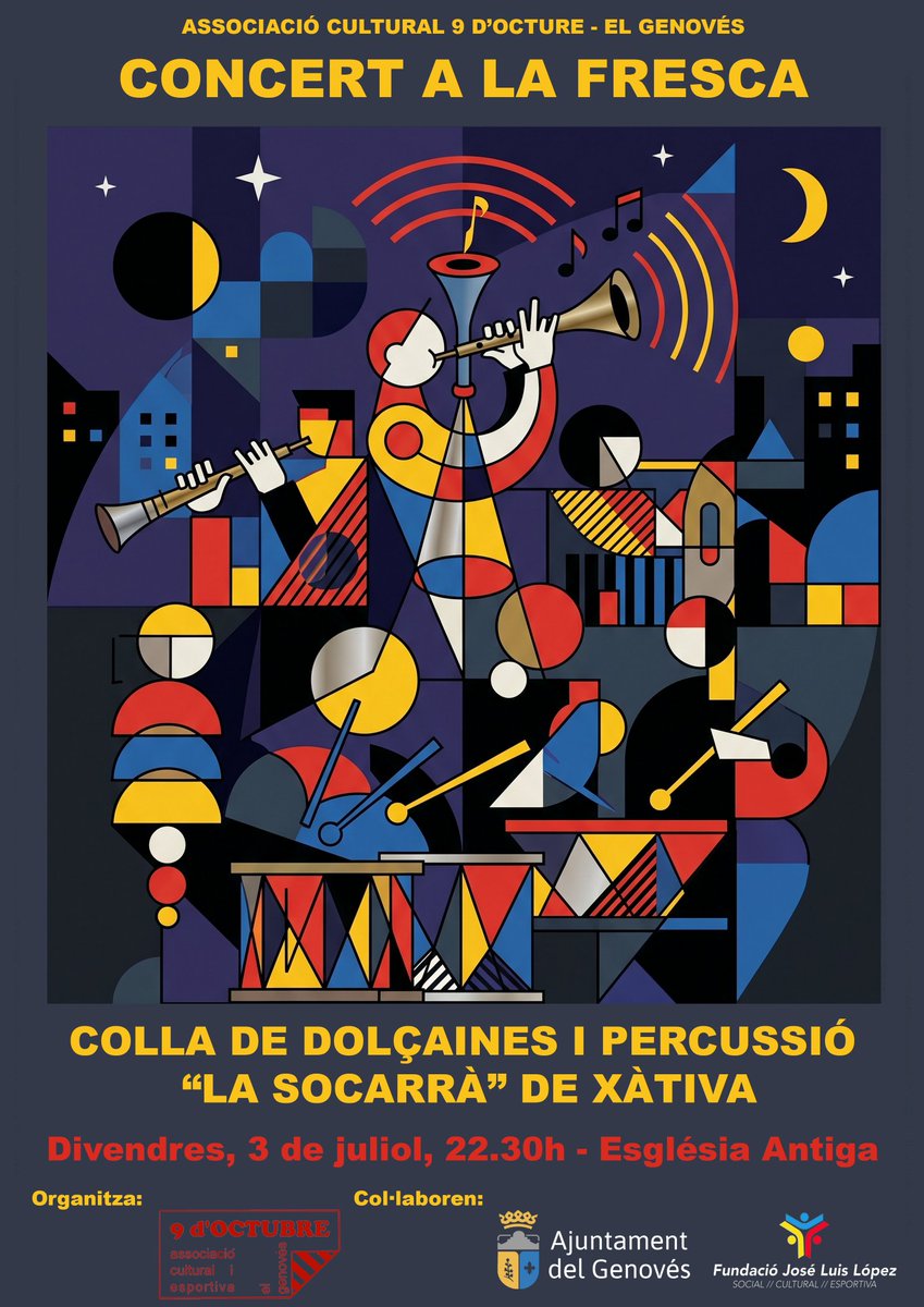 anoudoctubre's tweet photo. L'Associació Cultural 9 d'Octubre vos convida a una nova edició del Concert a la Fresca. Enguany comptarem amb la música de la Colla de Dolçaines i Percussió "La Socarrà" de Xàtiva. 

​🗓️  Divendres, 3 de juliol
⏰ 22. 30h
📍Església Antiga (El Genovés) https://t.co/sNPHUJVSUH