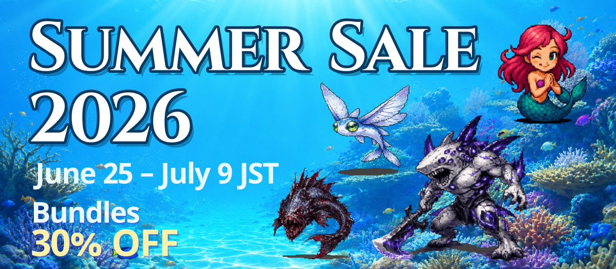MaterialPixel's tweet photo. ☀️ The Summer Sale is officially ON! ☀️

Pixel art, character portraits, backgrounds, and BGM—every asset is now available at a special discount price!

Don't miss out on this great opportunity to upgrade your game! 🚀

Link in the reply below 👇
 #GameDev #IndieDev #Assets #RPGMaker