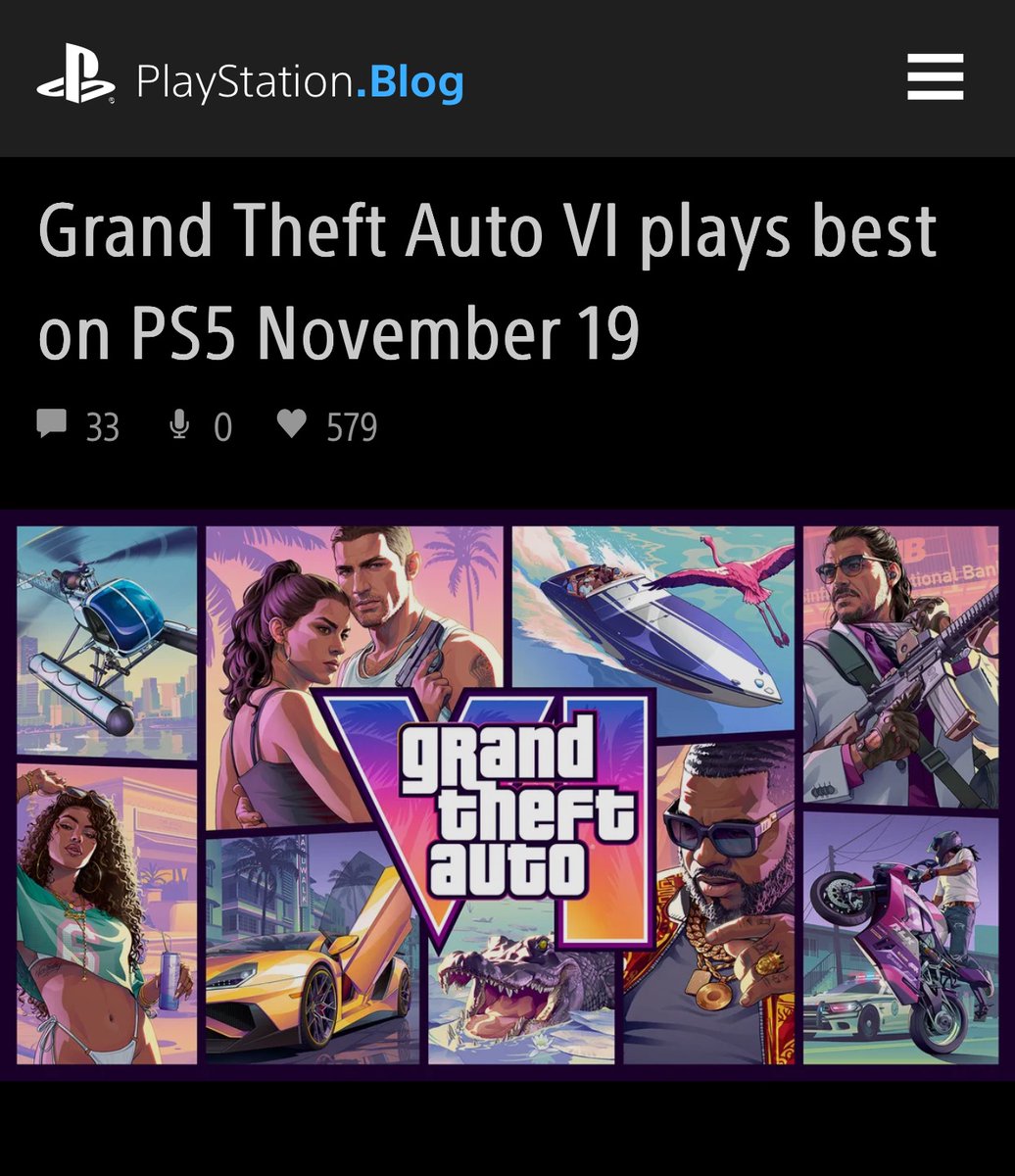 GTAVI_Countdown's tweet photo. Sony has released an official blogpost titled “GTA 6 plays best on PS5”

- There’s a close partnership with Rockstar
- The game features near-instant load times, taking advantage of the PS5’s SSD
- They had to confirm the game is not playable on PS4
- They also confirmed it’s a single-player experience, no mentions of the new Online mode yet
- The game is PS5 Pro enhanced
- DualSense wireless controller reacts to your actions and bringing the sights, sounds, and sensations of Jason and Lucia’s story into the palm of your hands
- The controller’s integrated speaker also adds another dimension to key moments and interactions, with sound effects from the controller enhanced by haptic feedback
- Tempest 3D AudioTech surrounds you in the distinct soundscapes of Leonida. From the streets of Vice City to the moments that unfold all across the state