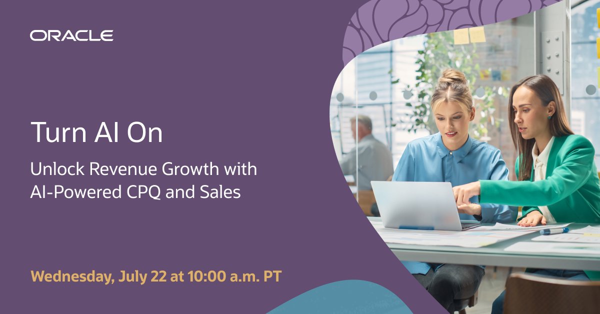 amaralt's tweet photo. You may already have AI capabilities in Oracle Fusion Sales and CPQ that can help your team work more efficiently. Join this webinar to see how AI can streamline quoting, surface opportunity insights, automate follow-ups, and support better sales outcomes. https://t.co/xSNf4DyuS4 https://t.co/pT9OhH5MJm