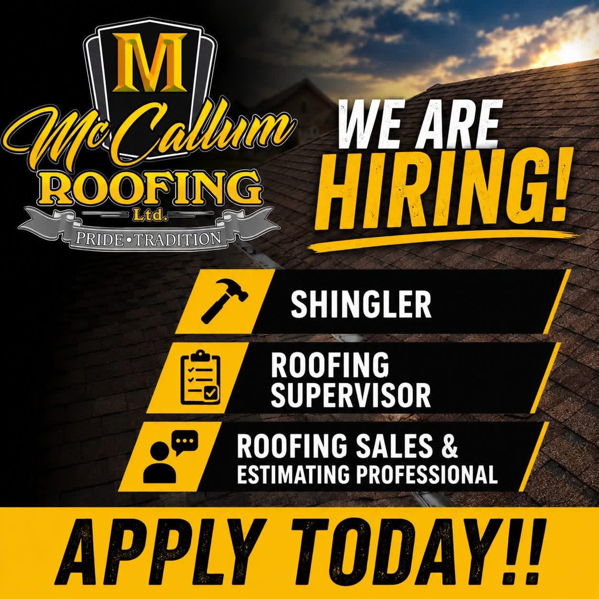 LtdMccallum's tweet photo. We’re growing &amp; we’re looking for great people to grow with us! 
McCallum Roofing is hiring for Roofers, a Roofing Supervisor, and a Roofing Sales &amp; Estimating Professional.
✔ Competitive wages
✔ Experience is valued
✔ A supportive team environment
✔ Work you can be proud of https://t.co/Wnxg9m0t9I