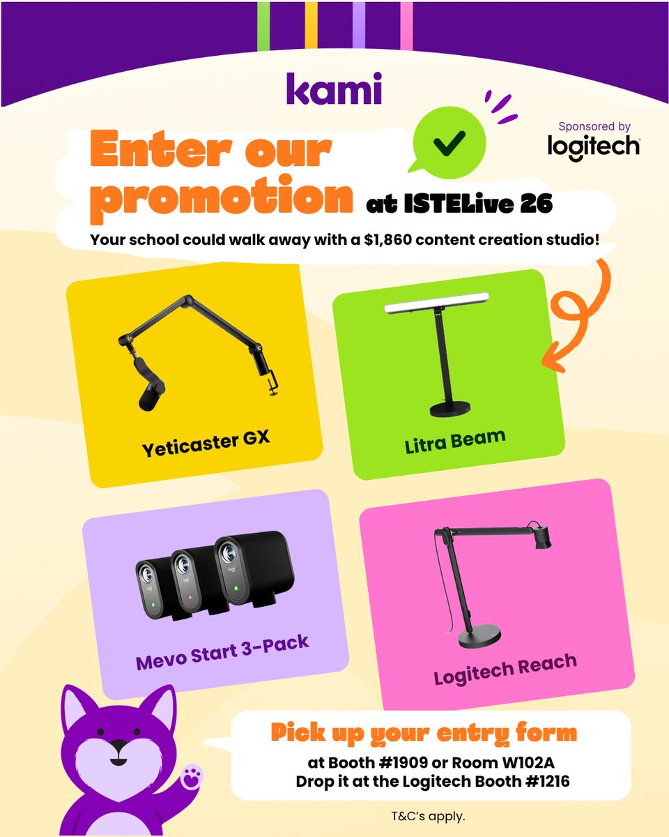 KamiApp's tweet photo. Schools deserve professional content creation tools — not hand-me-downs. Win a $1,860 studio setup for your school at #ISTELive26. Enter at Kami Booth #1909. No purchase necessary. #kamiapp #edtech https://t.co/pbXmErINS2 https://t.co/fiIbikyw9n