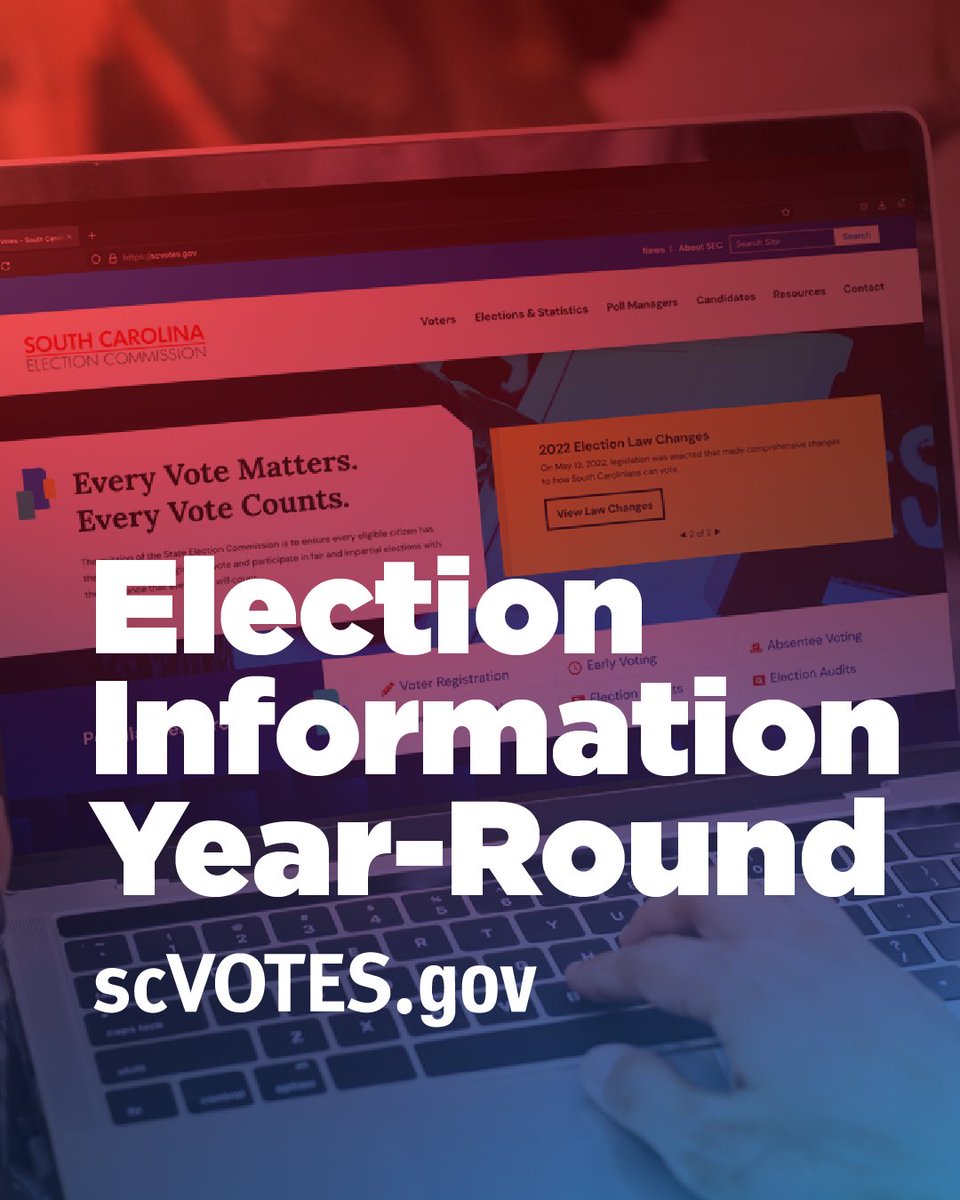 scvotes's tweet photo. Election Day may be over, but election information is always available at https://t.co/gg8U0tzzTi.

From polling place lookups to voter registration tools and upcoming election dates, the site is designed to help South Carolina voters year-round. #scVOTES https://t.co/DJ0o0nNEUc
