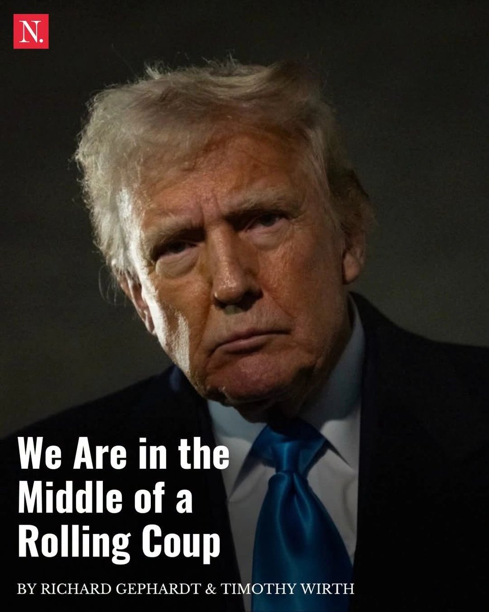 TheDemCoalition's tweet photo. If you are not both outraged and concerned, then you are not paying attention 👇

Political prisons, a domestic army, control of the military’s legal apparatus, the seizure of voter rolls, and much more presage the potential declaration of a national crisis and the implementation of various of the President’s Emergency Action Documents (PEADS). 

These are among the many individual actions and plans of the “rolling coup” that is currently underway. Unlike what might be recognized as a coup with tanks in the streets, this is not the seizure of power on a single day but the methodical construction of an apparatus designed to identify, arrest, prosecute, and if necessary forcibly suppress Americans whose only offense is opposition to this administration, by an executive who has openly declared that opposition itself is the enemy.

Why aren’t more Americans seeing this? 

Because each step has been incremental. Each has been framed in the legitimate-sounding language of national security or law enforcement. Each was paired with a reassuring denial: We are not deploying the military domestically; we are not declaring an emergency over elections; we are not coming for citizens

What makes this a “rolling” coup rather than a sudden one is that each part of the mechanism was built individually; each in isolation appeared to serve a defensible purpose, and no single step was dramatic enough to trigger unified institutional resistance. The public is not awake to the architecture, which is only visible when you begin to see the whole construct. 

Read more from Richard Gephardt and Timothy Wirth: https://t.co/oj0y8GRPsq

#ResistTrump